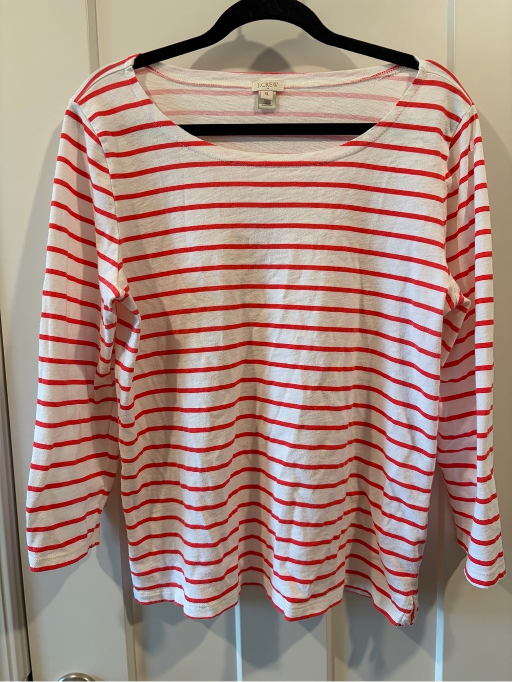 J. Crew White and Red Striped Long-Sleeve Boatneck Top